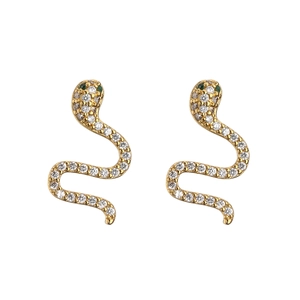 Boucles d'oreilles serpent dorées avec zircons blancs et yeux en pierres vertes