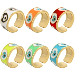 Heart Shaped Devil Eye Pattern Open Ring Gold Plated Copper Colorful Enamel Adjustable Band Bohemian Jewelry For Women