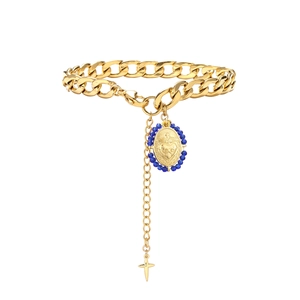 Goldenes Edelstahl NK Armband mit blauer Perle Ovalmedaille und kleinem Kreuzanhänger