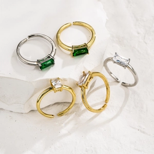 Western Style Copper Emerald Cut Rhinestone Open Ring For Women Adjustable Square Green Clear Gemstone Statement Geometric Jewelry