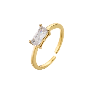 Adjustable gold open ring with a rectangle-cut micro-paved cubic zirconia center stone