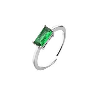 Adjustable silver ring with emerald-cut green cubic zirconia in a four-prong setting