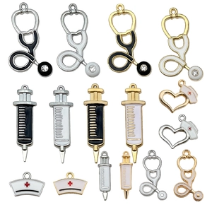 DIY medical charm set with alloy stethoscope, syringe, and heart nurse hat pendants
