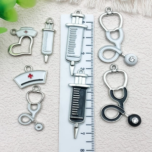 Zinc alloy medical charms set with stethoscope and syringe for DIY jewelry making