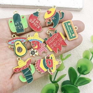 Set of 10 Mexican Fiesta enamel charms including chili and cactus for DIY jewelry making