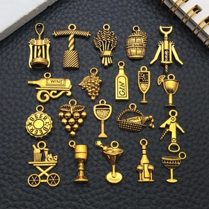 Vintage Gold Alloy Wine Theme Pendants Charms Assorted Wine Bottle Cup Opener DIY Necklace Bracelet Jewelry Making Findings