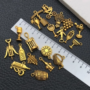 Antique gold wine charm set for DIY jewelry with mini bottle barrel and corkscrew