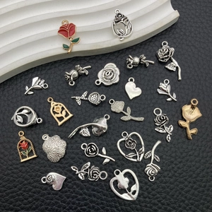 DIY rose flower and heart alloy pendant charms for bracelets in vintage silver finish