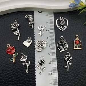 Antique silver rose flower charms set for jewelry making with colorful enamel and heart designs