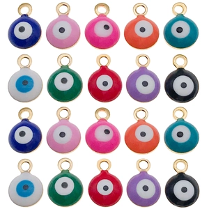 Set of 20 colorful 6mm round evil eye pendants with gold plated stainless steel edges