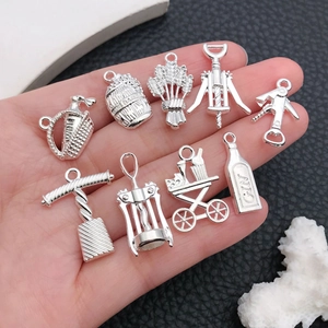 Retro silver alloy wine theme pendant set with bottles and openers held in hand