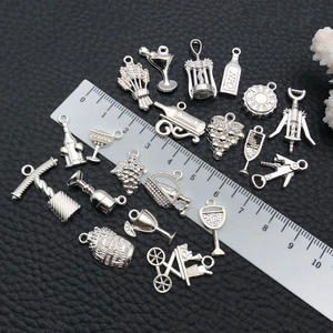 Retro silver alloy wine theme charms set with bottles and glasses on black leather