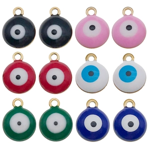 Set of 12 circular 8mm Evil Eye enamel pendants in assorted colors for DIY jewelry making