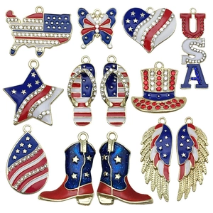 Flat lay of diverse USA flag themed alloy charms with colorful enamel and rhinestones