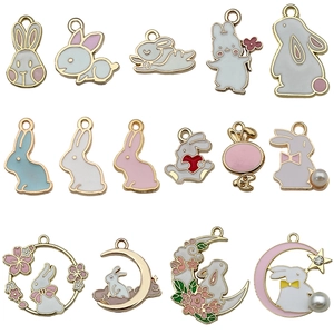 Cartoon bunny wreath alloy pendants with rose cherry blossoms and moon enamel finish