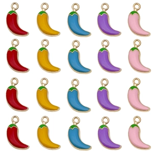 Macro detail of vibrant enamel chili pepper pendants in five colors with gold plating