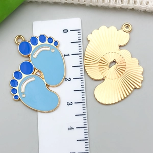 Blue enamel baby footprint alloy charms for DIY jewelry making with gold-tone back