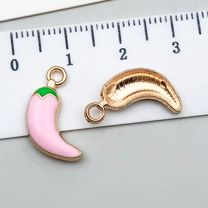 Pink chili pepper alloy charm for DIY jewelry making with gold-tone back and top ring
