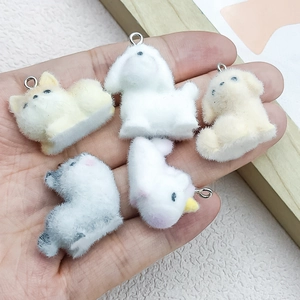 Cute flocked puppy and unicorn charms with silver rings for DIY jewelry making