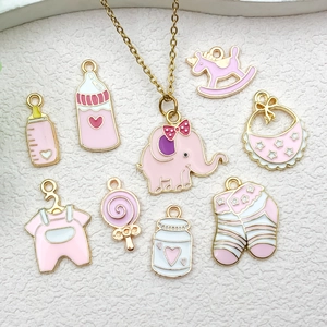 Set de dijes de esmalte rosa con tema de bebé y elefante para bisutería DIY