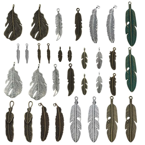 Assorted vintage zinc alloy feather pendants in bronze and silver for DIY jewelry making