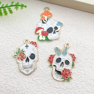 Halloween skull pendants set with mushroom, rose and butterfly enamel charms for DIY jewelry