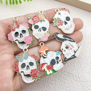 Gothic Halloween skull charms set with flowers and crow for DIY jewelry making