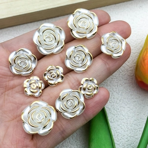 Vintage white pearl camellia flower charms with gold edges in three assorted sizes