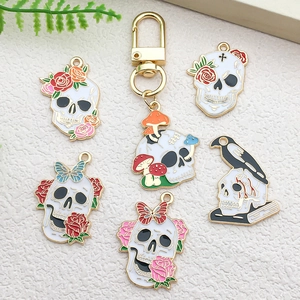 Gothic skull and raven enamel alloy pendants with roses and butterflies for DIY jewelry