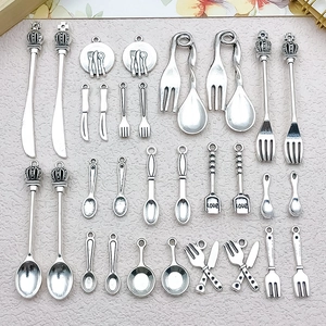 Vintage Antique Silver Zinc Alloy Tableware Charms For DIY Jewelry Making Crown Spoon Fork Knife Pan Pendant Assorted Set