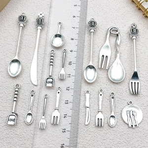 Vintage silver cutlery charms set including spoon fork and knife for DIY jewelry making