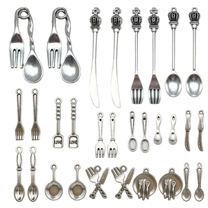 Antique silver cutlery charms collection featuring spoons, forks and pans for DIY jewelry
