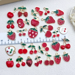 Red enamel fruit charms kit with cherry, strawberry and apple shapes for DIY jewelry making