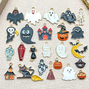 Detailed assortment of 24 colorful Halloween enamel charms with bats and ghosts