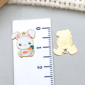 Cartoon rabbit and carrot enamel charm with golden textured back for DIY jewelry