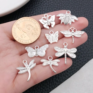 Silver insect pendants set for DIY jewelry with butterfly bee and dragonfly shapes