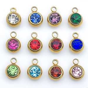 12 Colors Round Stainless Steel Birthstone Pendants Multicolor Zirconia Inlaid Jewelry Making Accessories For DIY Necklace