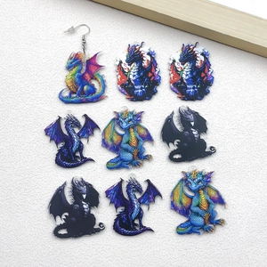 Detailed view of nine colorful acrylic fantasy dragon charms for DIY jewelry making