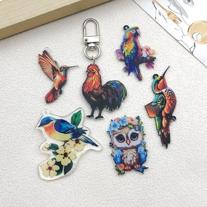 Set of 6 colorful acrylic bird pendants for DIY jewelry featuring owls and parrots