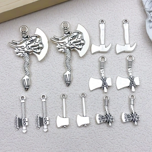 Vintage silver alloy axe pendants in various fantasy designs for DIY jewelry making