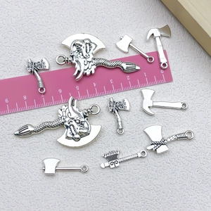 Vintage silver alloy axe pendants set for DIY jewelry making with ruler scale