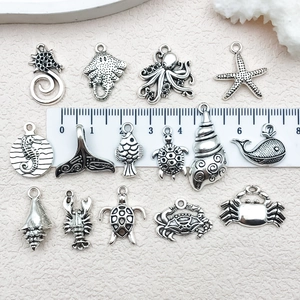 Ancient silver ocean animal charms set including starfish and turtle pendants for DIY jewelry