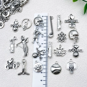Antique silver sports charms collection featuring soccer and basketball DIY pendants