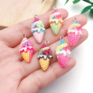 Set of 6 colorful resin ice cream cone pendants with metal rings for DIY jewelry making
