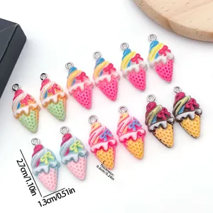 Set of 12 colorful resin ice cream cone charms for DIY necklaces with metal rings