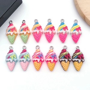 Set of 12 resin ice cream cone charms with pastel colors and metal rings for DIY jewelry