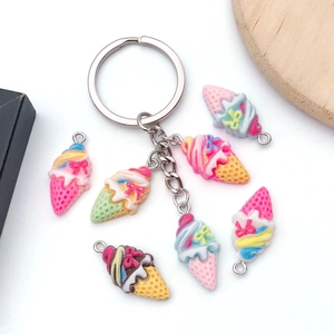 Set of colorful DIY resin ice cream cone pendants with metal keychain and bow details