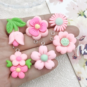 Pink and green resin flower pendants for DIY jewelry with silver metal hanging rings