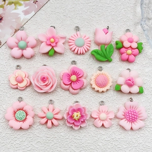 Set of 15 pink resin flower charms including sunflowers and roses for DIY jewelry making