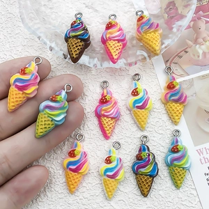 DIY colorful resin ice cream cone pendants with strawberry charms and metal rings